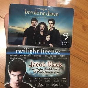 Twilight license Jacob black    Twilight breaking Dawn part two from Jamba Juice